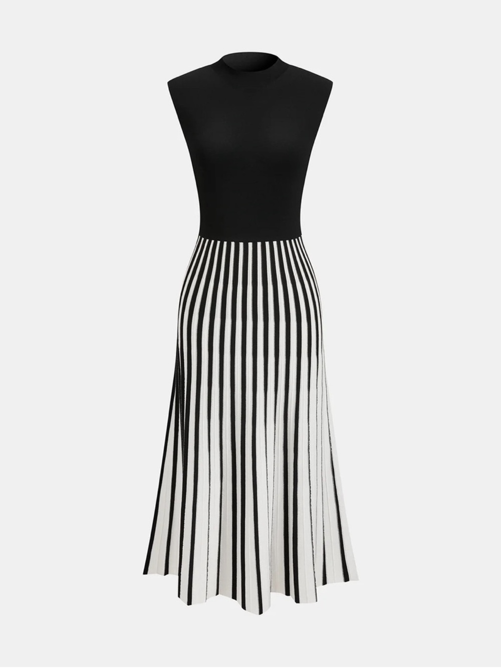 Sleeveless Black & White Striped Knit Midi Dress